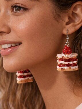 Strawberry Cake Earrings 🍓 Sweet Dessert Dangle Cute Kawaii Jewelry